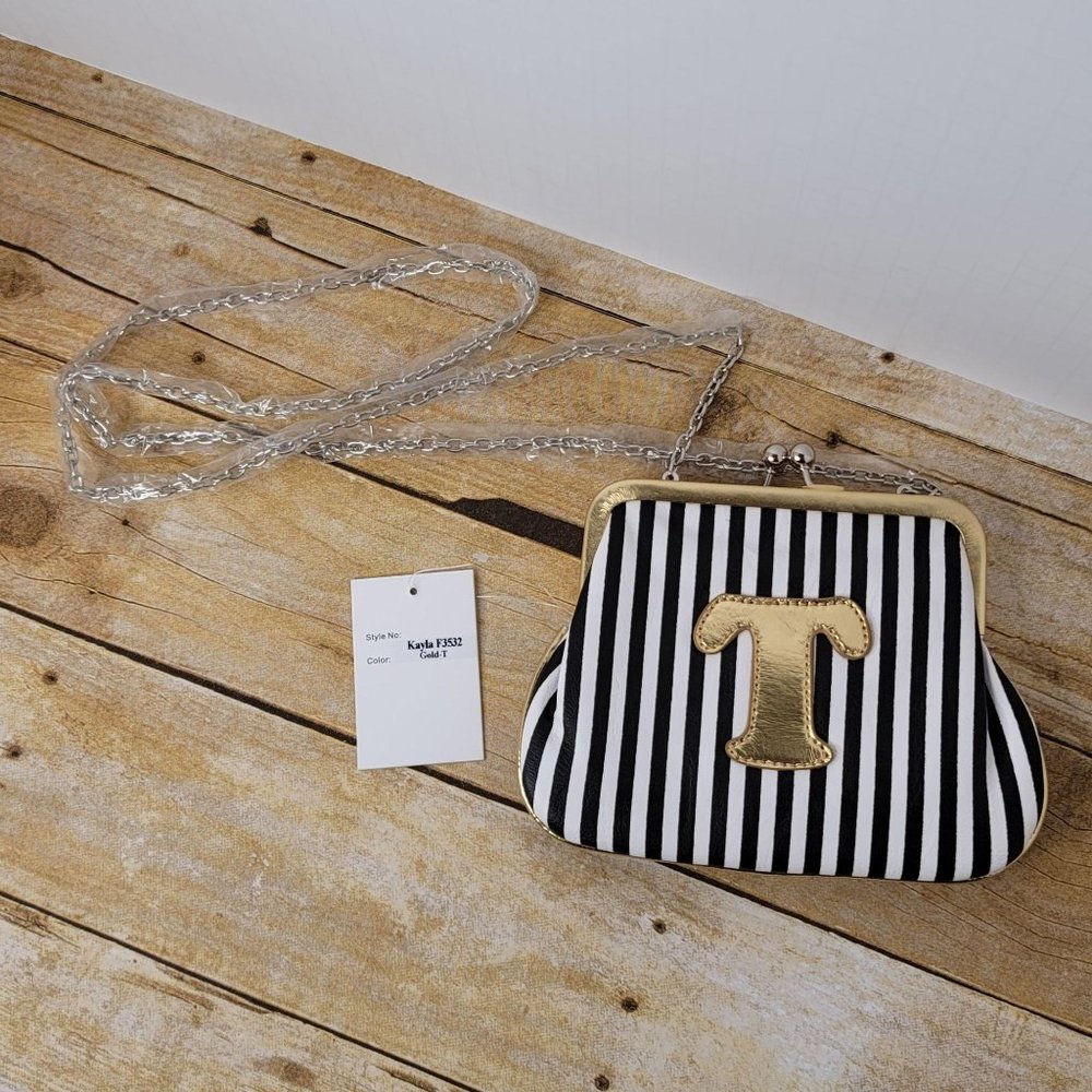 Melie Bianco Personalized Crossbody Bag Handbag Striped with Gold Letter T - Picture 3 of 10